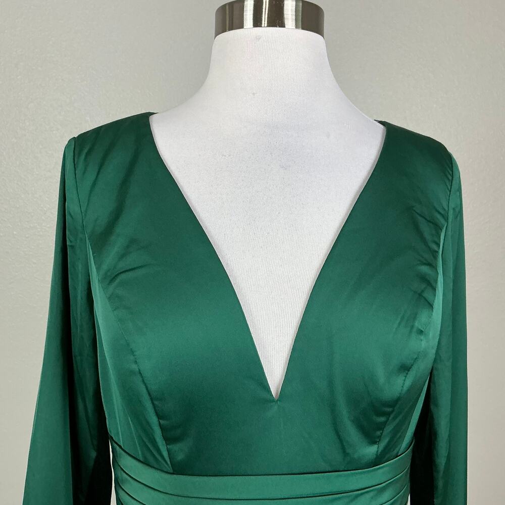 Mac Duggal 67527 Green Cocktail Dress Satin Long Sleeve Fit & Flare Midi Size 14 - Picture 8 of 12